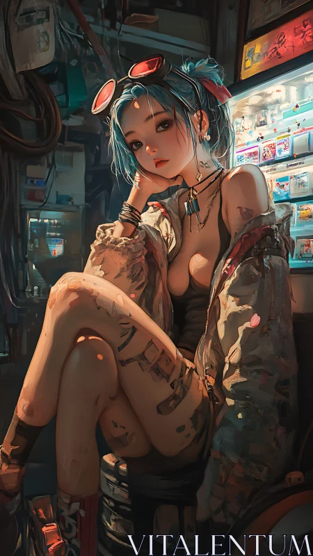 Cyberpunk girl resting in neon lit workshop interior.