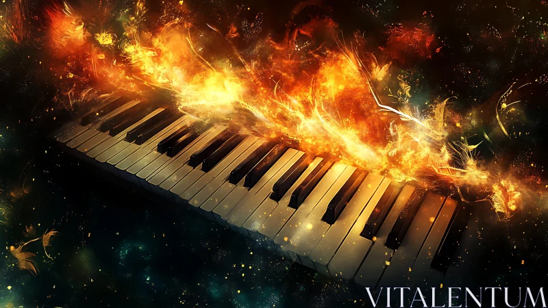 Flaming piano keys igniting a cosmic midnight sonata.