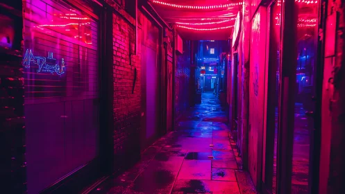 Neon-soaked alleyway dreaming in magenta and electric blue.