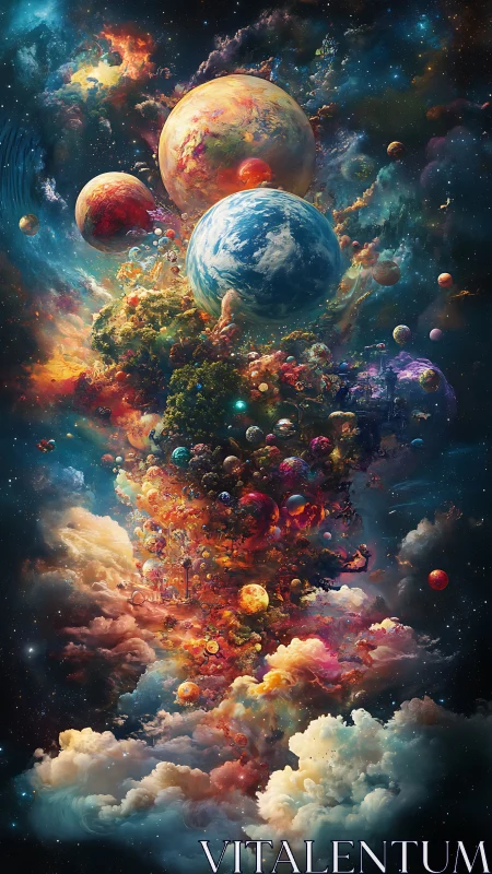 Multi-planetary cosmic vortex rising from iridescent nebular clouds