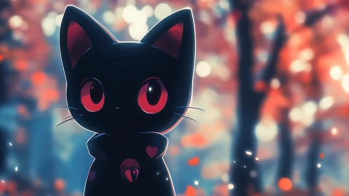 Black cartoon cat with red eyes in blurred forest scene.