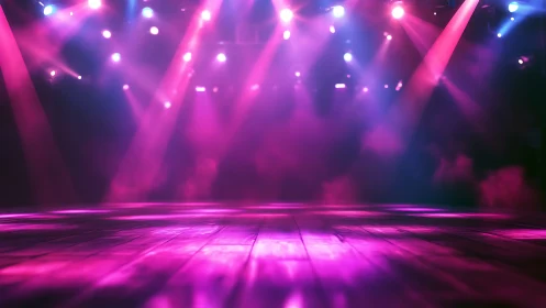 Vibrant stage lighting washes an empty wooden dance floor