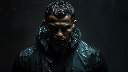 Determined male athlete in rain wearing dark wet jacket.