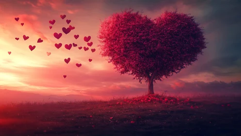 Heart-Shaped Tree Glowing at Sunset with Floating Hearts