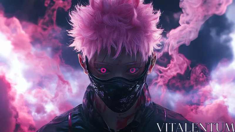 Neon eyed masked hero emerging from swirling pink smoke.