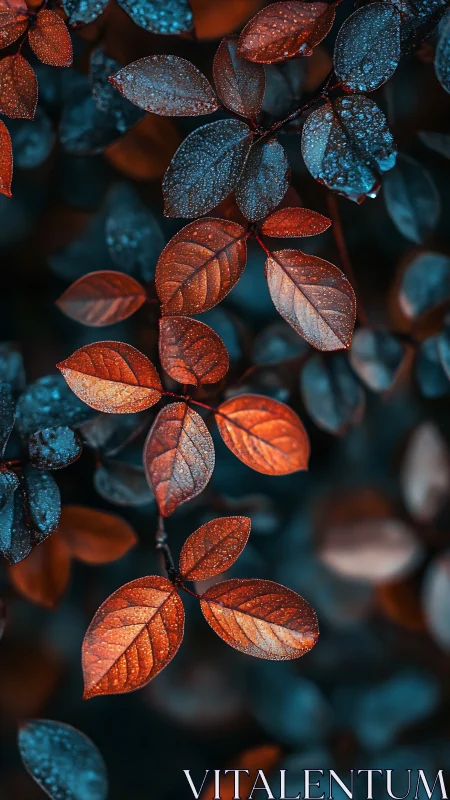 Dew-covered orange and blue foliage under soft bokeh light.