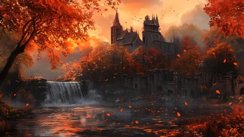 Haunted stone castle above autumn waterfall and river.