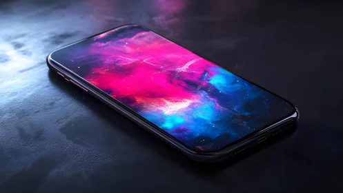 Modern smartphone on dark surface with vibrant galaxy wallpaper.