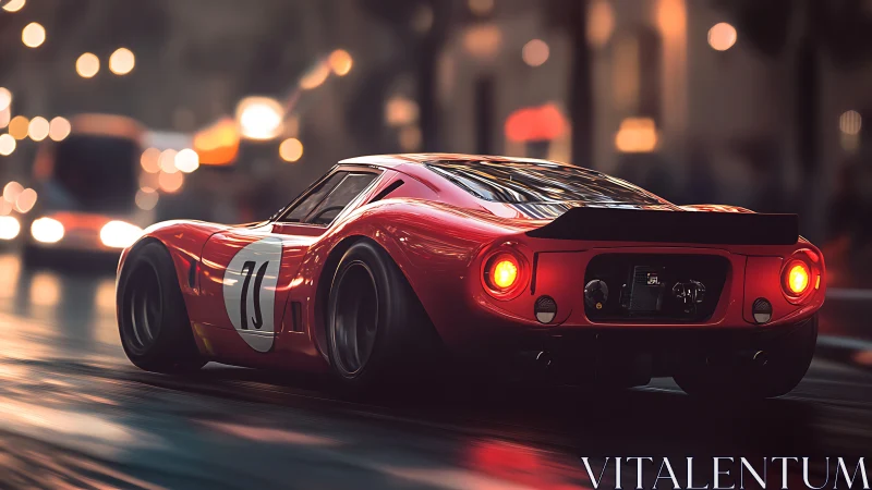 Red race car streaks through neon city streets at night.