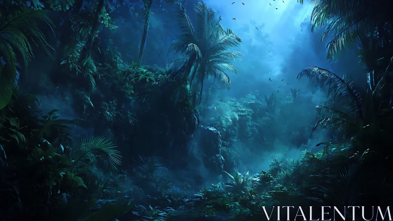 Submerged tropical environment with layered palm vegetation