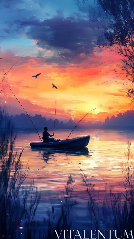 Quiet sunset fishing on a glowing, dreamlike lake.
