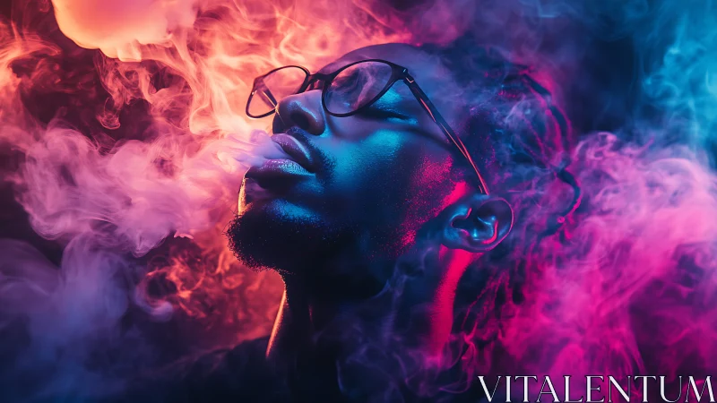 Neon clouds swirl around a serene face in vivid color haze.