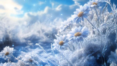 Frost-encrusted daisies illuminated beneath crystalline winter sky.