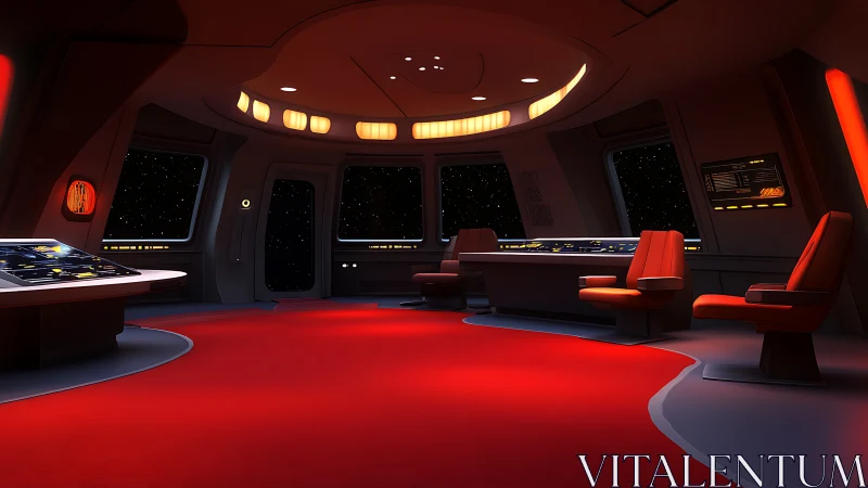 Starship command bridge glowing in cinematic crimson light.