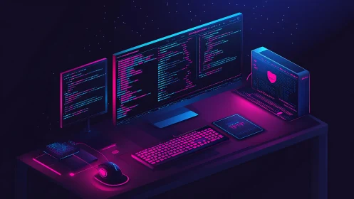 Neon-lit multi-monitor workstation with coding displays.