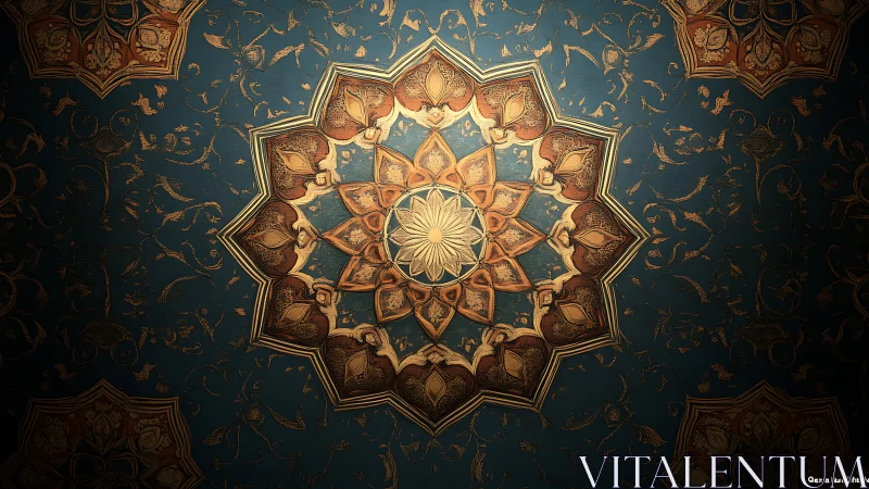 Golden mandala ceiling glows gently against deep teal patterns