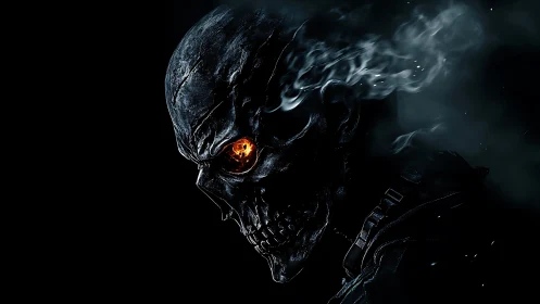 Fiery-eyed cyber skull emerges from smoke in dark void