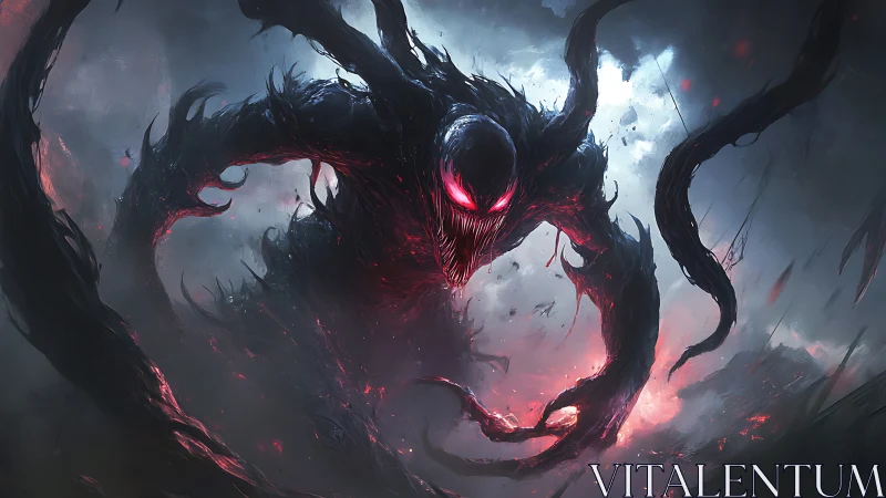 Voidborn tendril demon erupts from stormlit crimson fog.