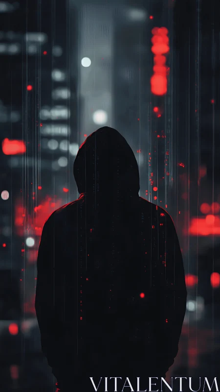 Hooded phantom strolling through neon rain-soaked data night.