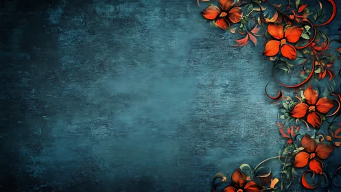 Ornamental Red Flowers Against Deep Teal Textured Surface Design