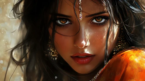 Intense gaze of jeweled woman in radiant warm light painting.