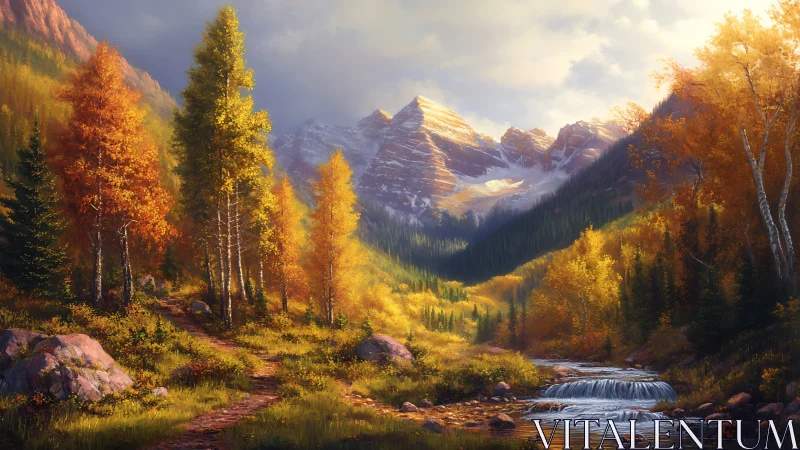 Golden autumn valley with alpine peaks and winding stream.