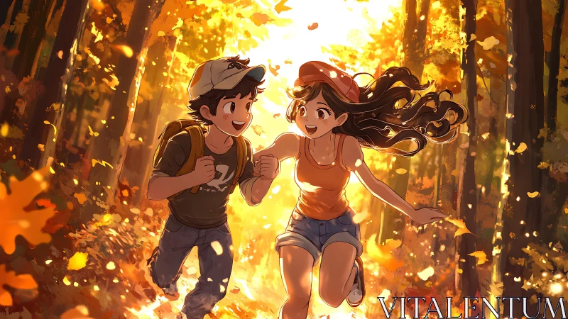 Joyful friends race through a glowing autumn forest path