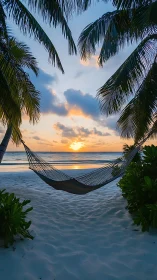 Hammock between palms facing calm sea at sunset time.