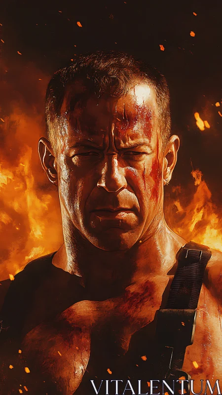Bloodied muscular figure against intensive flame backdrop.