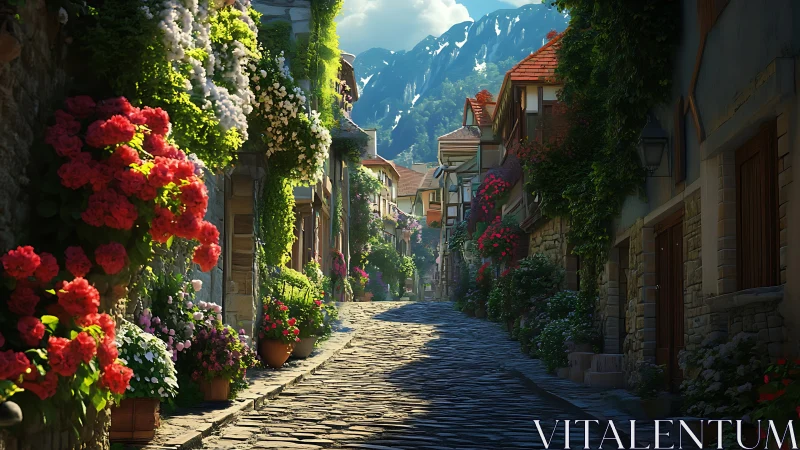 Cobblestone mountain alleyway framed by dense flowering facades