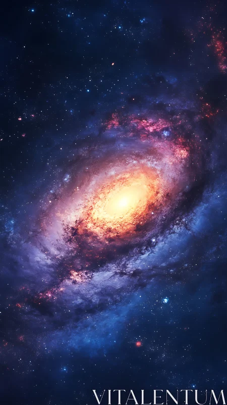 Spiral galaxy core glows within deep blue cosmic field.