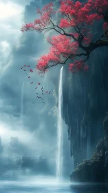 Red tree over misty cliff waterfall in vertical landscape.