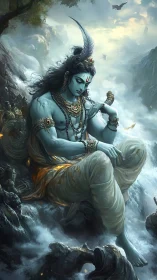 Serene blue deity resting beside swirling mountain waters.