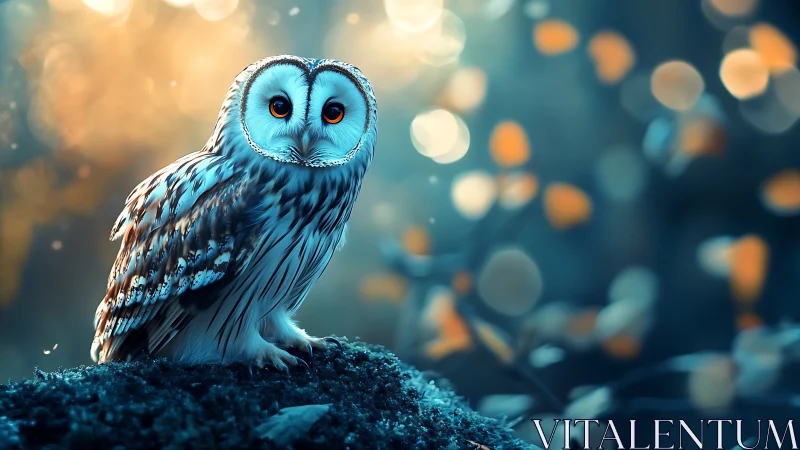 Enchanting Owl Portrait in Dreamy Forest with Soft Bokeh Light.