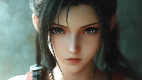 Hyperreal anime portrait of green-eyed woman, soft lighting