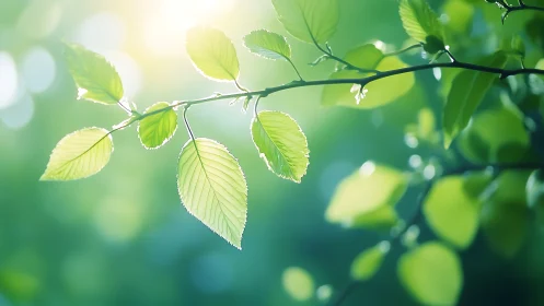 Sunlit Green Leaves on Branch in Soft Focus Nature Photography.