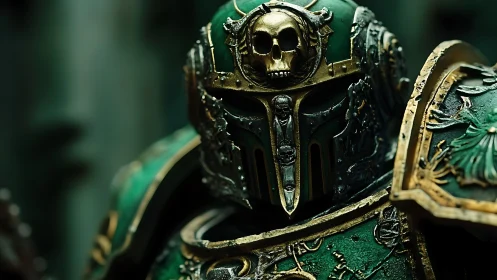 Emerald skull-knight waits in ornate, war-scarred silence.