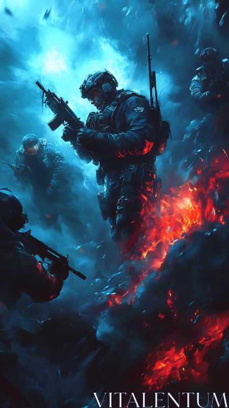 Tactical soldiers in fiery blue battlefield digital painting.