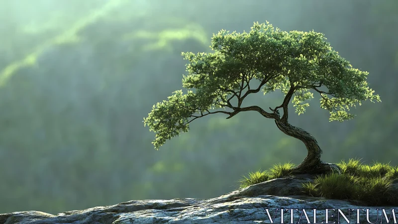 Stoic cliffside tree sipping dawnlight on a silent ridge.