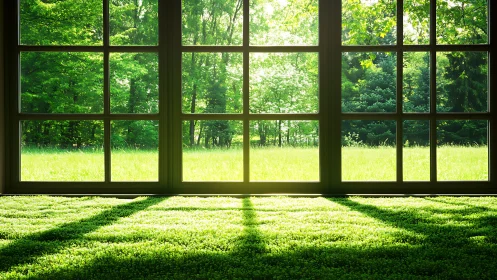 Large grid window overlooking sunlit grass and trees.