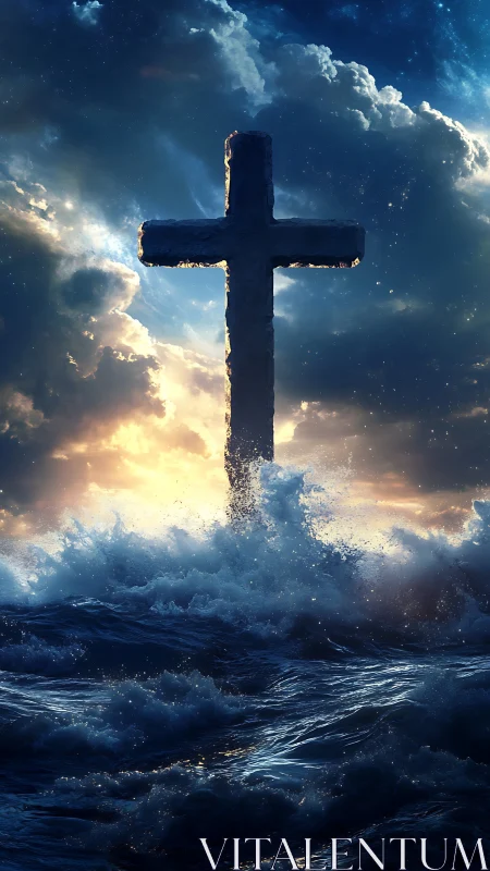 Storm-lashed ocean cross crowned by radiant celestial light.