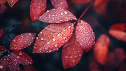 Macro optical study of water-dappled crimson foliage surface.