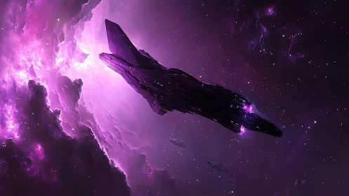 Large starship traverses violet nebula with smaller escorts