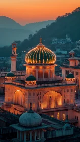 Illuminated domed shrine at dusk with layered hillside backdrop