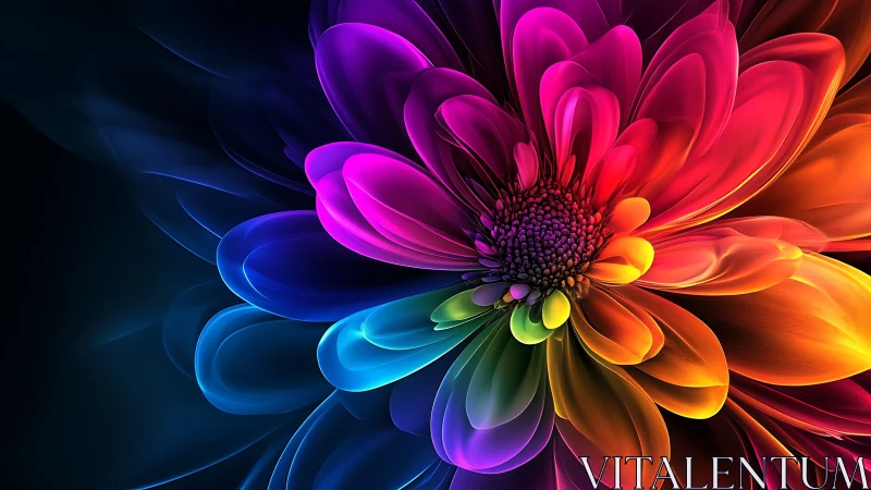 Radiant multicolor digital flower blooms over deep shadows.