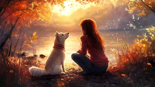 Autumn backlit portrait of girl and dog in lakeside glow