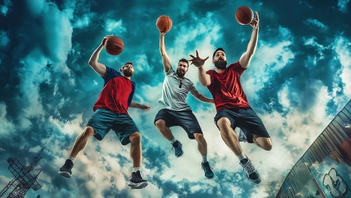 Skyward streetball trio carves heroic arcs through clouds