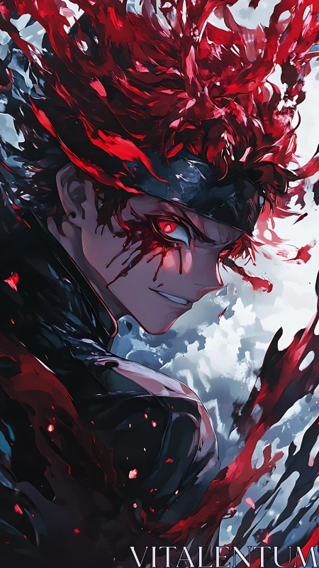 Red-eyed figure with fluid crimson hair in profile view.