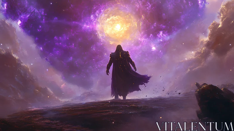 Starlit warlock strides beneath a roaring purple cosmos.