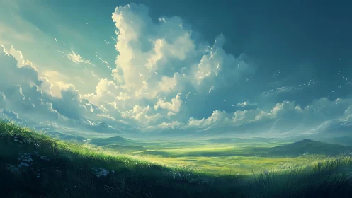 Extensive grassland plain under deep cloud formations.